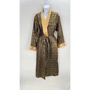 Victoria's Secret Small Vintage Black Gold Geometric Tile Print Satin Long Robe